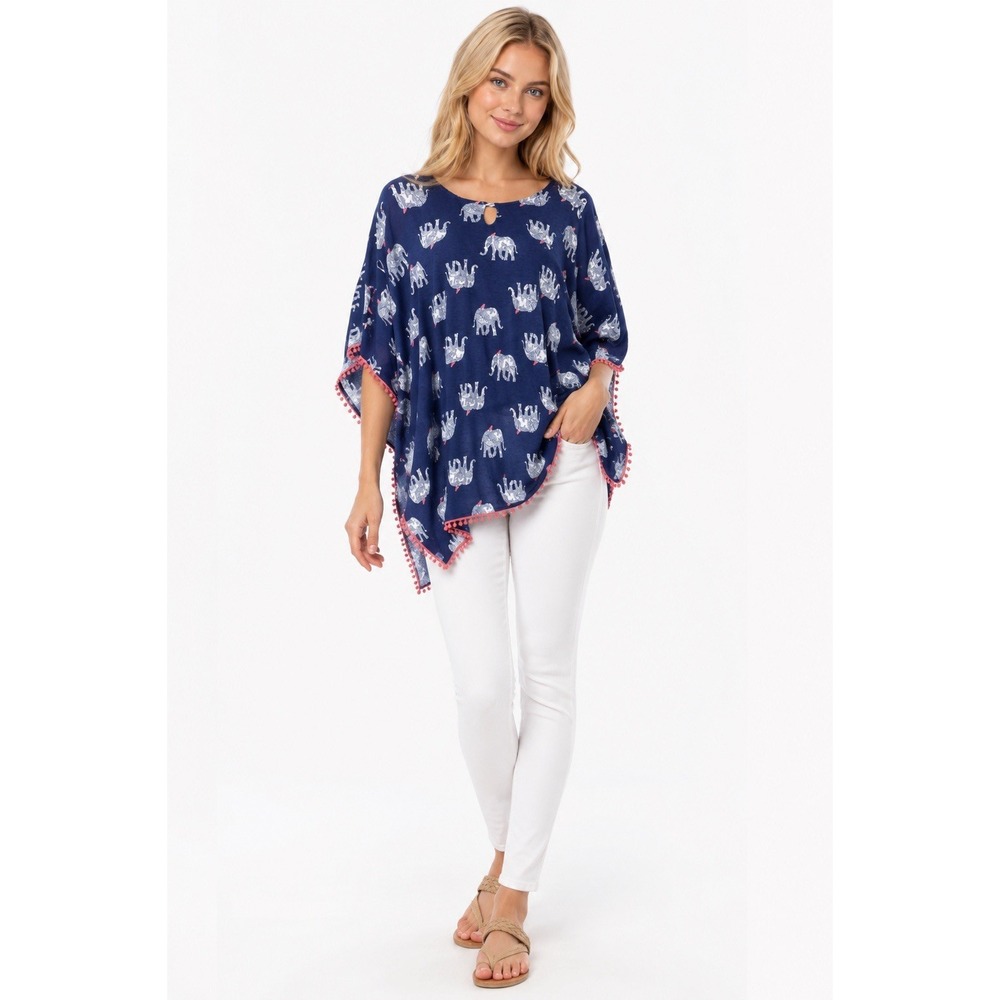 Ellen Tracy Elephant Print Kaftan Tunic Top Navy Blue‎ Boho Pom Trim OS Novelty